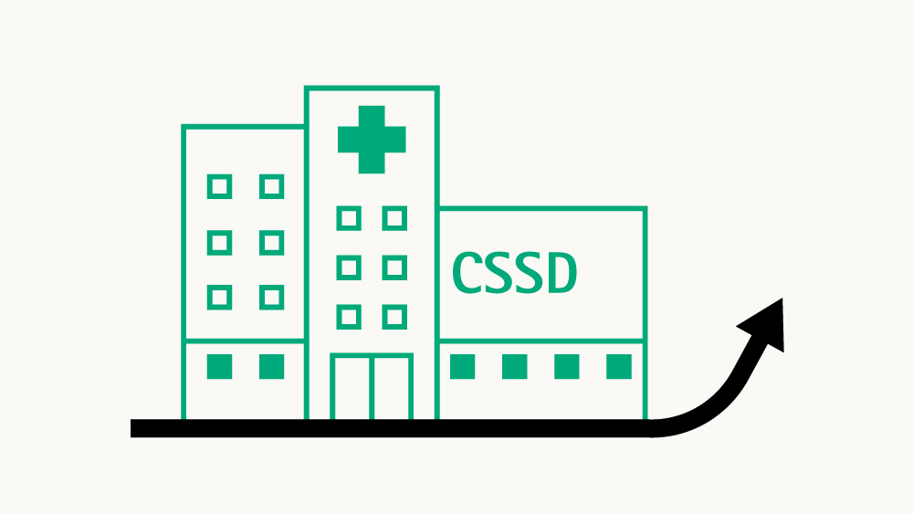 Symbol mit einem CSSD-Gebäude und einem nach oben zeigenden Pfeil unter dem Gebäude