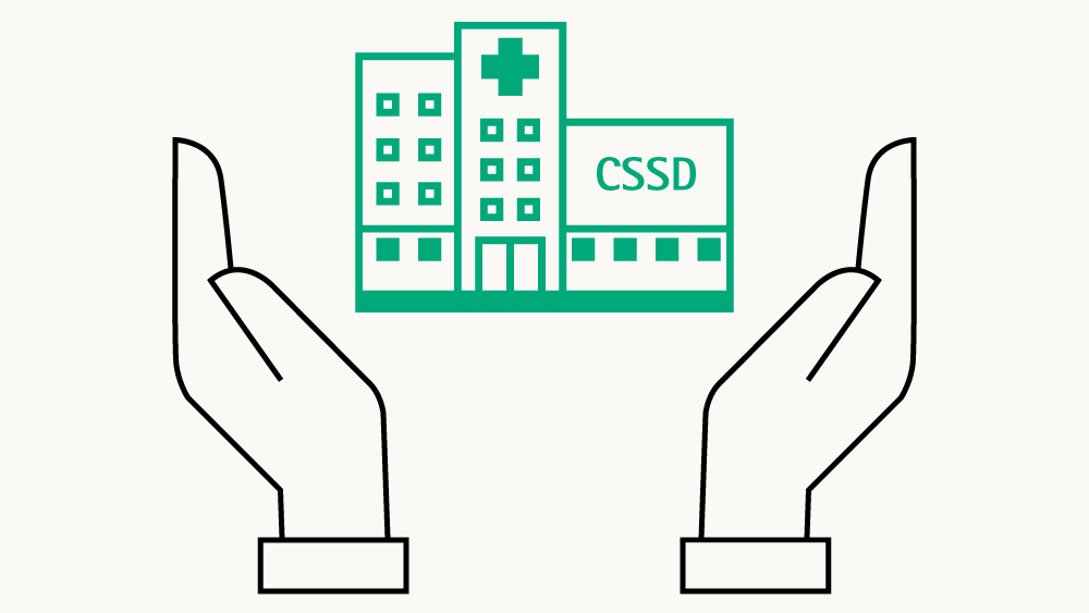 Symbol mit einem CSSD-Gebäude und zwei Händen, die es an der Seite halten